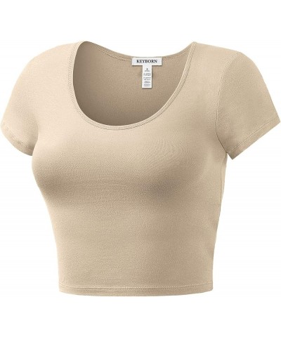 Women's Cotton Basic Scoop Neck Crop Short Sleeve Tops Taupe $9.27 T-Shirts