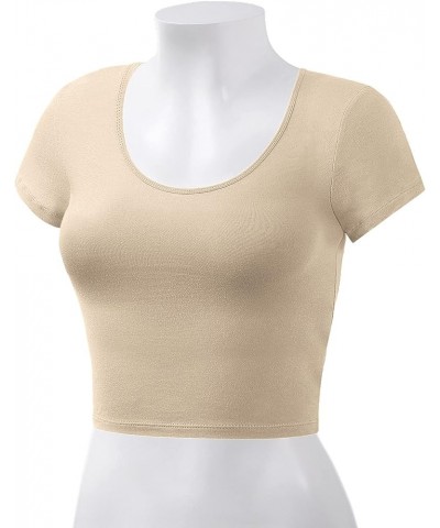 Women's Cotton Basic Scoop Neck Crop Short Sleeve Tops Taupe $9.27 T-Shirts