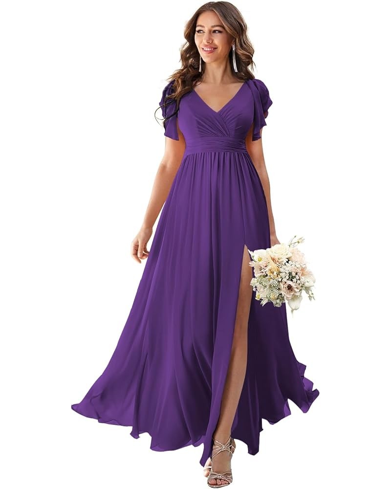 V Neck Flutter Sleeves Bridesmaid Dresses with Slit 2024 Chiffon Aline Pleats Formal Evening Gowns for Women YJ071 Purple $30...