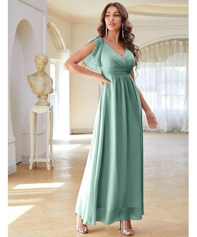 V Neck Flutter Sleeves Bridesmaid Dresses with Slit 2024 Chiffon Aline Pleats Formal Evening Gowns for Women YJ071 Purple $30...