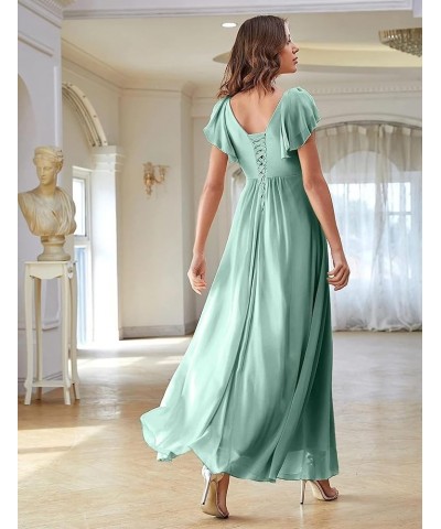 V Neck Flutter Sleeves Bridesmaid Dresses with Slit 2024 Chiffon Aline Pleats Formal Evening Gowns for Women YJ071 Purple $30...