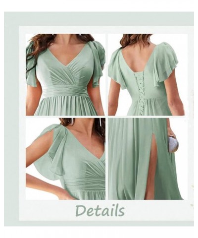 V Neck Flutter Sleeves Bridesmaid Dresses with Slit 2024 Chiffon Aline Pleats Formal Evening Gowns for Women YJ071 Purple $30...