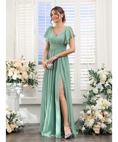 V Neck Flutter Sleeves Bridesmaid Dresses with Slit 2024 Chiffon Aline Pleats Formal Evening Gowns for Women YJ071 Purple $30...