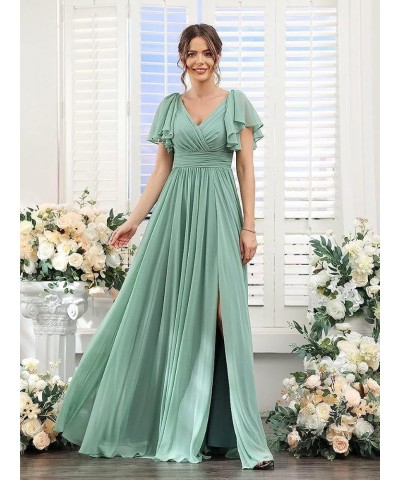 V Neck Flutter Sleeves Bridesmaid Dresses with Slit 2024 Chiffon Aline Pleats Formal Evening Gowns for Women YJ071 Purple $30...