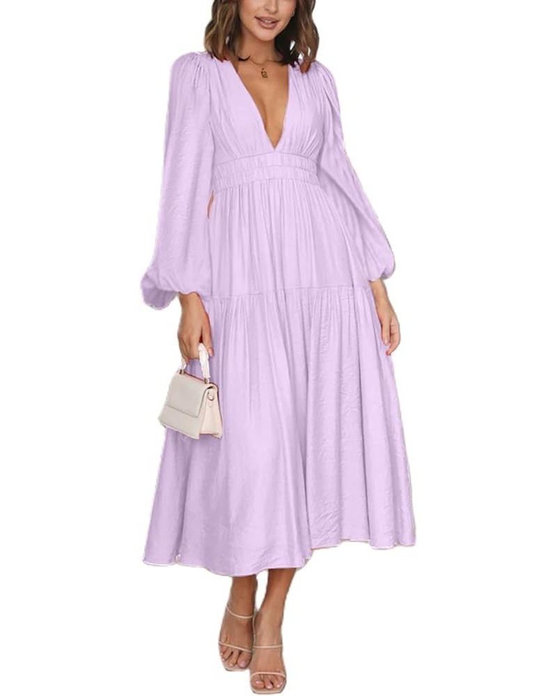 Women Puff Sleeve Maxi Dress Deep V-Neck Smocked Long Dress Sexy Flowy Zipper Back Summer Party Dress Long Sleeve Purple $13....