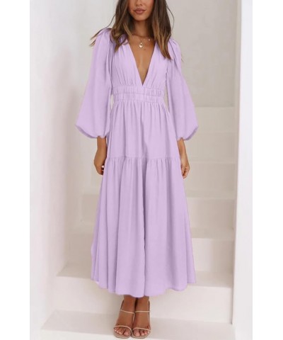 Women Puff Sleeve Maxi Dress Deep V-Neck Smocked Long Dress Sexy Flowy Zipper Back Summer Party Dress Long Sleeve Purple $13....