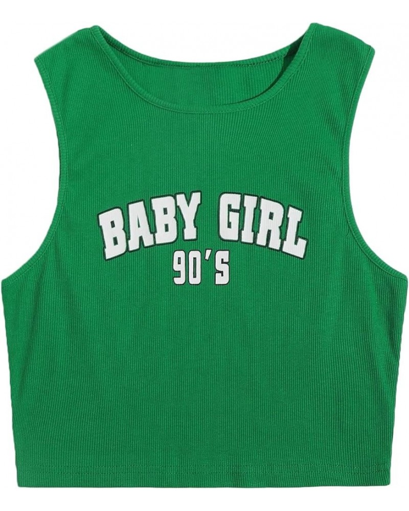 Women's Graphic Print Sleeveless Ribbed Cropped Tank Slim Fit Crop Top Green $9.51 Tanks