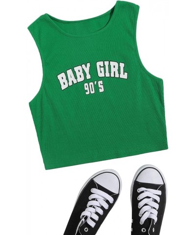 Women's Graphic Print Sleeveless Ribbed Cropped Tank Slim Fit Crop Top Green $9.51 Tanks