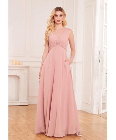 Twisted Chiffon Bridesmaid Dresses for Women with Slit V Neck A Line Formal Evening Prom Dress Side Pockets White $29.90 Dresses