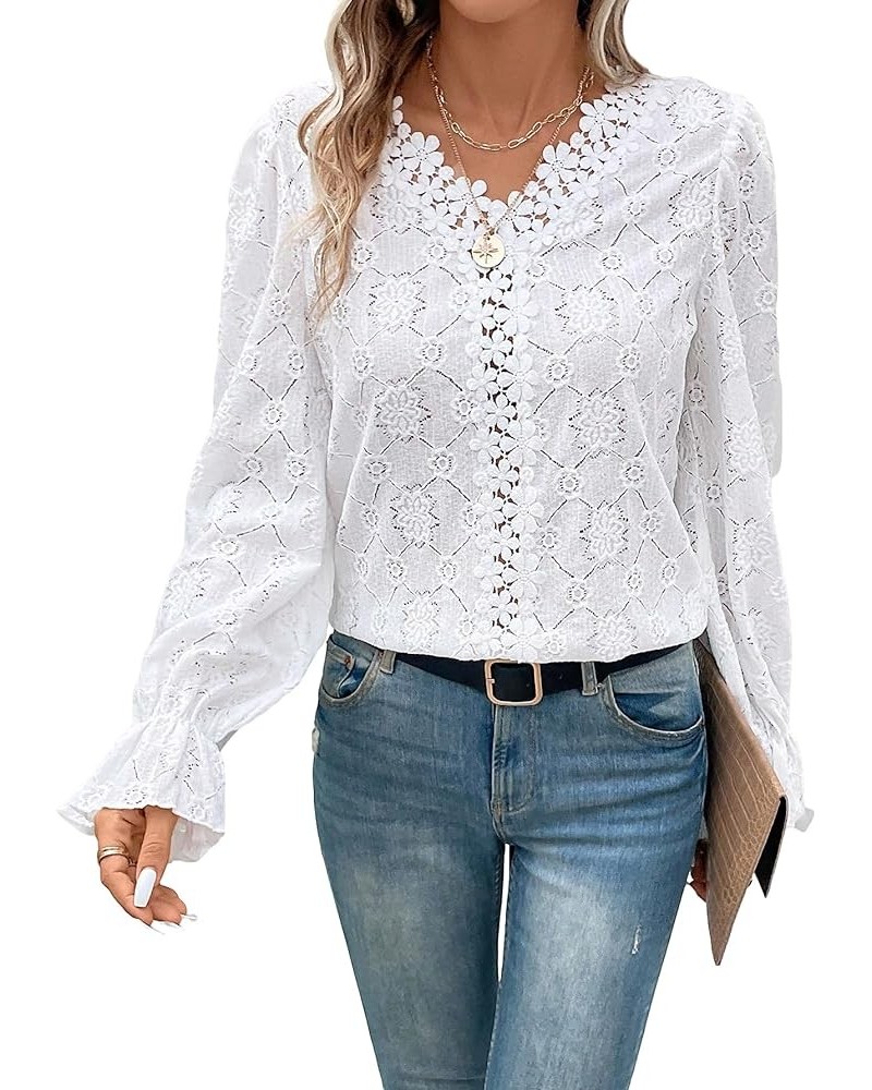 Women's Floral Lace Trim Ruffle V Neck Long Flare Sleeve Solid Blouse Shirts Tops White $11.39 Blouses