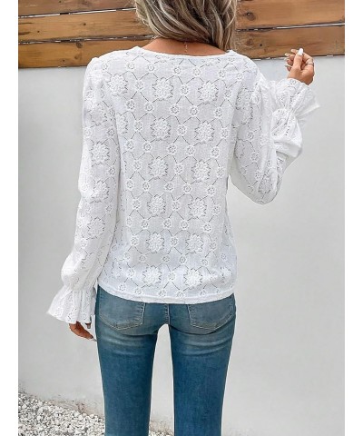 Women's Floral Lace Trim Ruffle V Neck Long Flare Sleeve Solid Blouse Shirts Tops White $11.39 Blouses