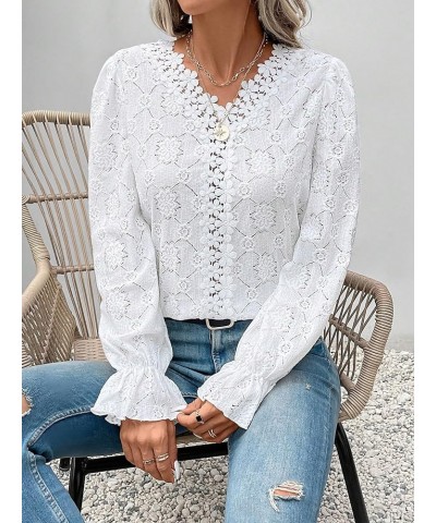 Women's Floral Lace Trim Ruffle V Neck Long Flare Sleeve Solid Blouse Shirts Tops White $11.39 Blouses