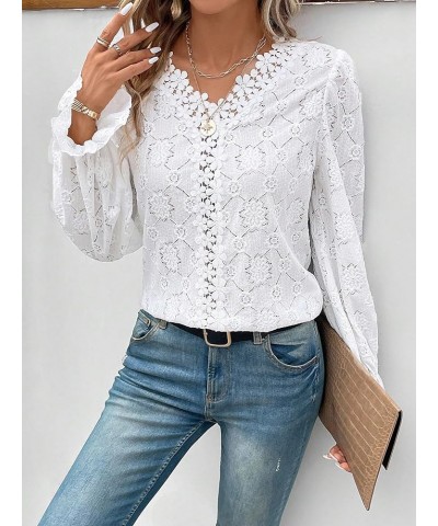 Women's Floral Lace Trim Ruffle V Neck Long Flare Sleeve Solid Blouse Shirts Tops White $11.39 Blouses