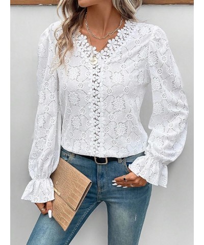 Women's Floral Lace Trim Ruffle V Neck Long Flare Sleeve Solid Blouse Shirts Tops White $11.39 Blouses
