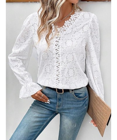 Women's Floral Lace Trim Ruffle V Neck Long Flare Sleeve Solid Blouse Shirts Tops White $11.39 Blouses