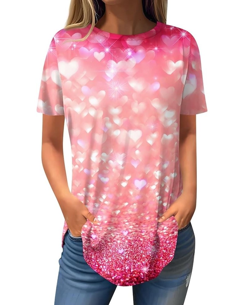Short Sleeve Tunic Tops for Women,Trendy Crew Neck Glitter Tops Casual Sequin Print Loose Womens Summer Tops Y-hot Pink $11.9...