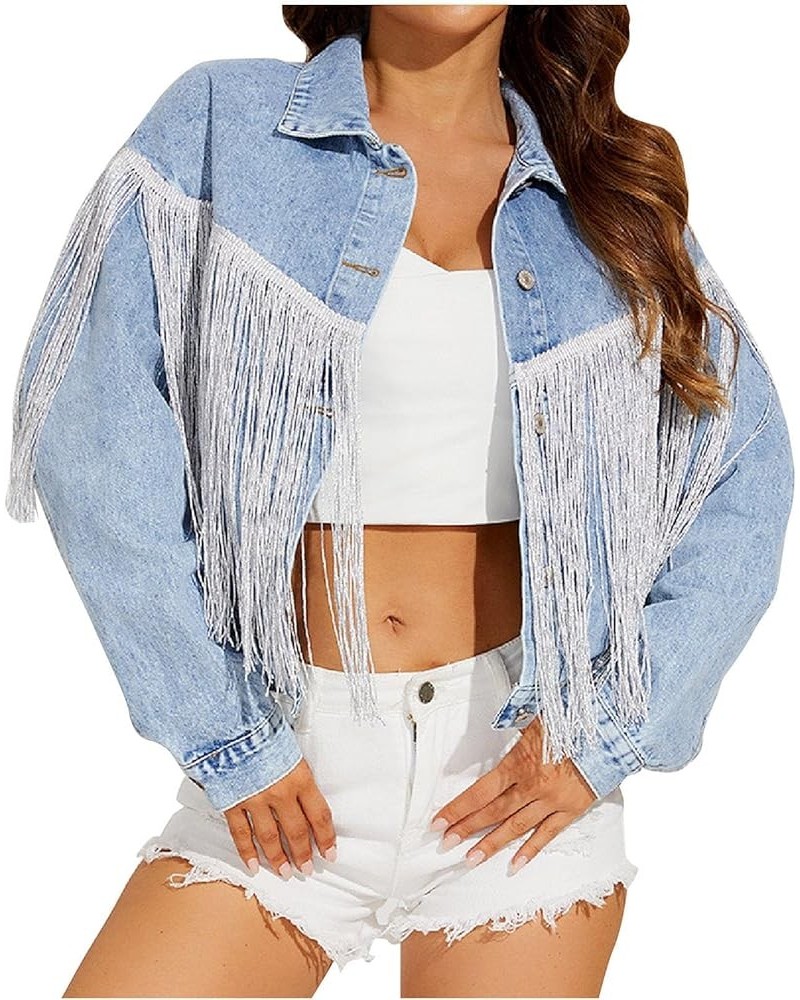 Denim Jacket for Women Fringe Trucker Jean Jackets Distressed Western Cowgirl Shacket Jackets Tassel Novelty Clothes A Blue $...