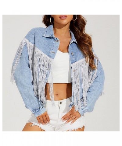Denim Jacket for Women Fringe Trucker Jean Jackets Distressed Western Cowgirl Shacket Jackets Tassel Novelty Clothes A Blue $...