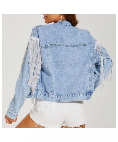 Denim Jacket for Women Fringe Trucker Jean Jackets Distressed Western Cowgirl Shacket Jackets Tassel Novelty Clothes A Blue $...