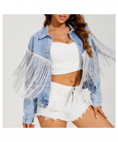 Denim Jacket for Women Fringe Trucker Jean Jackets Distressed Western Cowgirl Shacket Jackets Tassel Novelty Clothes A Blue $...