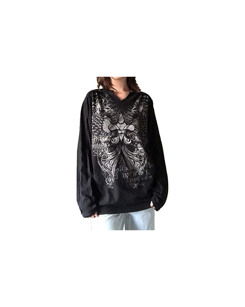 Y2k Fairy Grunge Shirts Women Aesthetic Vintage Slim Fitted Crop Tops Girls Graphic Printed Oversized Baggy Tees Black Gothic...