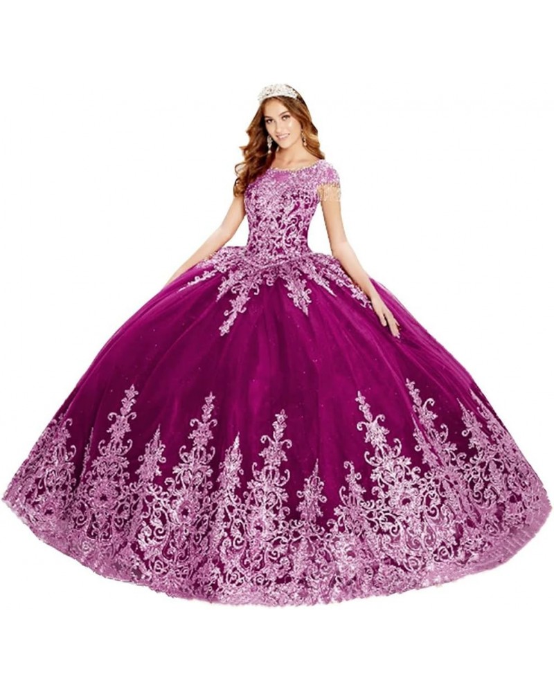 Women's Embroidery Princess Quinceanera Dresses with Wrap Lace Floral Applique Beads Ball Gown Sweet 16 Dresses Fuchsin $90.8...