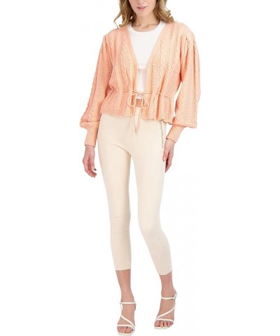 Women's Long Balloon Sleeve Peplum Cable Knit Sweater Plunging V Neck Drawstring Top Peach $31.41 Sweaters