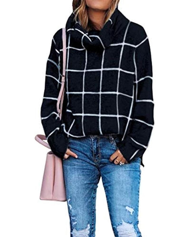 Women?s Turtleneck Knit Sweater Long Sleeves Pullover Plaid Side Split Checked Outwear Loose Fit Tops Black $14.26 Sweaters