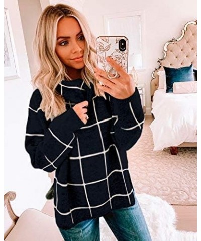 Women?s Turtleneck Knit Sweater Long Sleeves Pullover Plaid Side Split Checked Outwear Loose Fit Tops Black $14.26 Sweaters