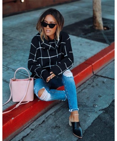 Women?s Turtleneck Knit Sweater Long Sleeves Pullover Plaid Side Split Checked Outwear Loose Fit Tops Black $14.26 Sweaters