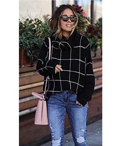 Women?s Turtleneck Knit Sweater Long Sleeves Pullover Plaid Side Split Checked Outwear Loose Fit Tops Black $14.26 Sweaters
