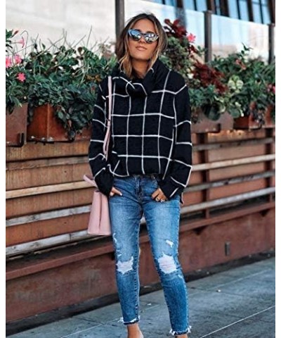 Women?s Turtleneck Knit Sweater Long Sleeves Pullover Plaid Side Split Checked Outwear Loose Fit Tops Black $14.26 Sweaters