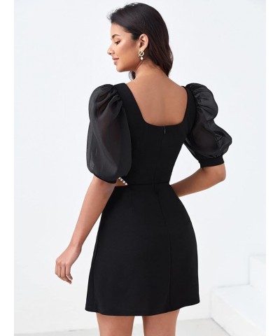 Women's Cut Out Sweetheart Neck Half Puff Sleeve Pearl Beaded Elegnat Mini Dress Black $28.19 Dresses