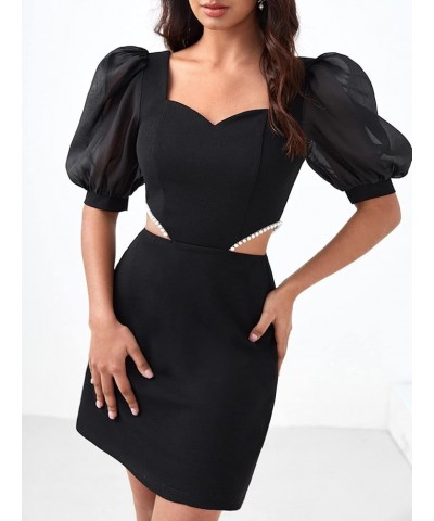 Women's Cut Out Sweetheart Neck Half Puff Sleeve Pearl Beaded Elegnat Mini Dress Black $28.19 Dresses
