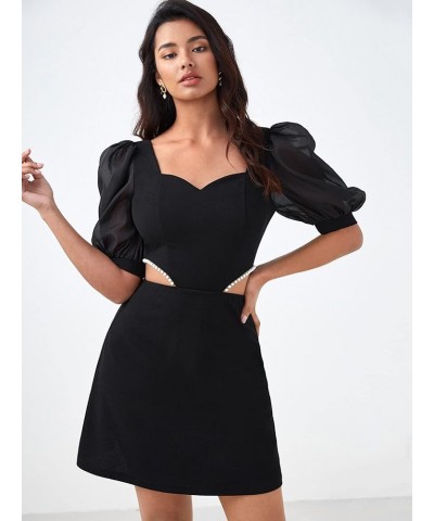 Women's Cut Out Sweetheart Neck Half Puff Sleeve Pearl Beaded Elegnat Mini Dress Black $28.19 Dresses