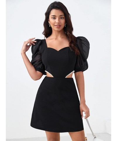 Women's Cut Out Sweetheart Neck Half Puff Sleeve Pearl Beaded Elegnat Mini Dress Black $28.19 Dresses