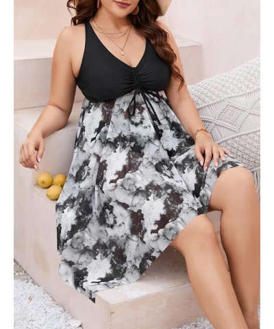 Women's Plus Size Tankini Swimsuit Plant Print Two Piece Bathing Suit Black Tie Dye $18.04 Swimsuits