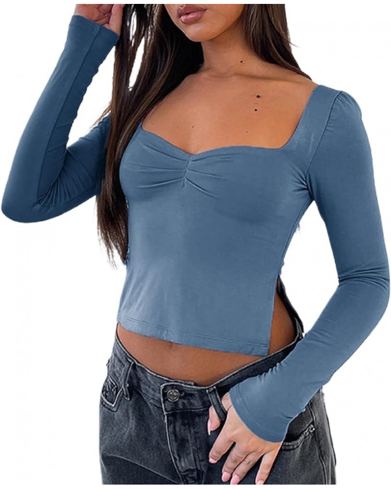 Women Sweetheart Neck Long Sleeve Crop Tops Y2k Going Out Slim Fit Shirt Top Slit Pleated Bustier Cropped Fall T-Shirt Blue 7...