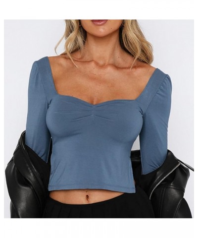 Women Sweetheart Neck Long Sleeve Crop Tops Y2k Going Out Slim Fit Shirt Top Slit Pleated Bustier Cropped Fall T-Shirt Blue 7...