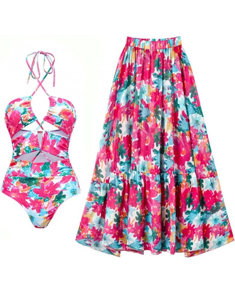 Women's One Piece Swimsuit with Beach Cover up Wrap Skirt Sarong Retro Floral Print Bikini Set Two Piece Bathing Suit Dark Pi...