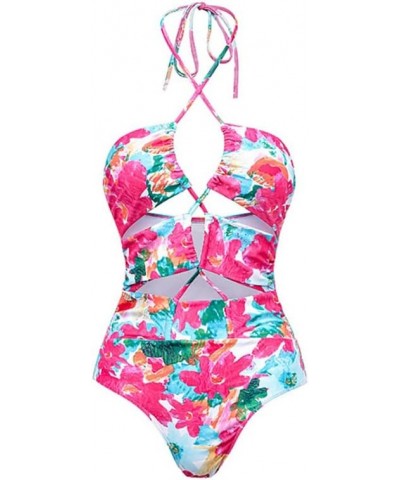 Women's One Piece Swimsuit with Beach Cover up Wrap Skirt Sarong Retro Floral Print Bikini Set Two Piece Bathing Suit Dark Pi...