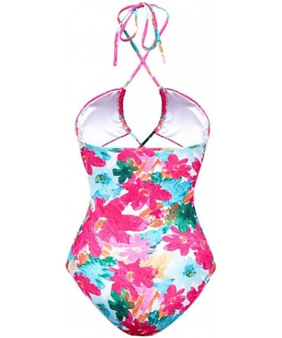 Women's One Piece Swimsuit with Beach Cover up Wrap Skirt Sarong Retro Floral Print Bikini Set Two Piece Bathing Suit Dark Pi...