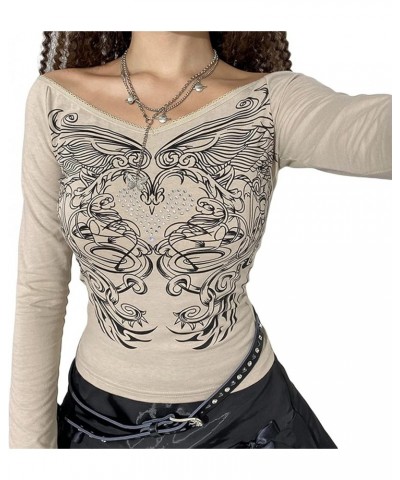 Vintage Fairy Print Long Sleeve Crop Top for Women Rhinestone Graphic T-Shirts Round Neck 90S Grunge Tees D-off Shoulder Khak...