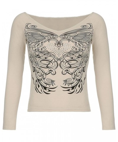 Vintage Fairy Print Long Sleeve Crop Top for Women Rhinestone Graphic T-Shirts Round Neck 90S Grunge Tees D-off Shoulder Khak...