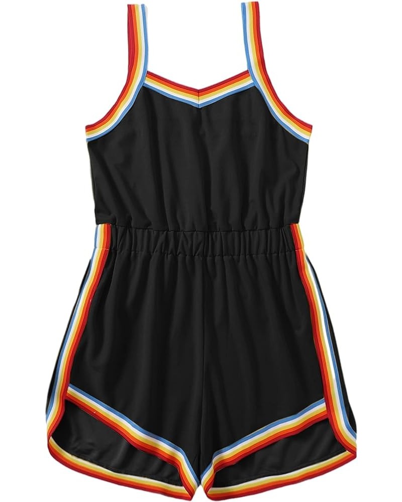 Women Plus Size Romper Rainbow Striped Elastic Waist Sport Playsuit Black $15.59 Jumpsuits