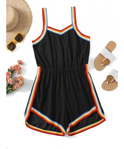 Women Plus Size Romper Rainbow Striped Elastic Waist Sport Playsuit Black $15.59 Jumpsuits