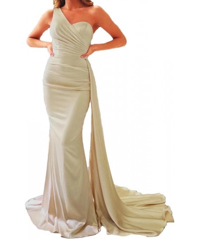 One Shoulder Prom Dresses for Women Long Mermaid Satin Bridesmaid Dresses Formal Evening Gowns with Train Champagne $27.29 Dr...