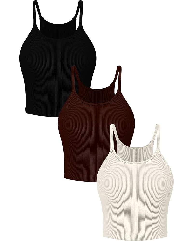 Workout Crop Tank Tops for Women Sleeveless Spaghetti Strap Ribbed Camisole Tops Seamless Racerback Bra for Yoga 3 Pack-black...