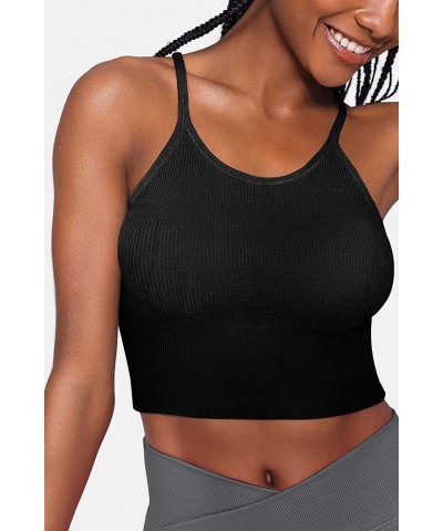 Workout Crop Tank Tops for Women Sleeveless Spaghetti Strap Ribbed Camisole Tops Seamless Racerback Bra for Yoga 3 Pack-black...