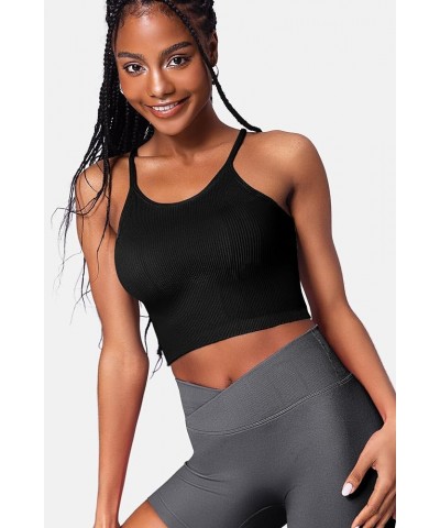 Workout Crop Tank Tops for Women Sleeveless Spaghetti Strap Ribbed Camisole Tops Seamless Racerback Bra for Yoga 3 Pack-black...